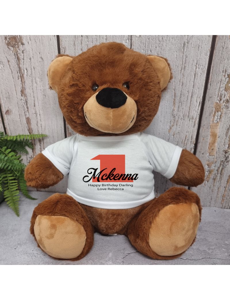 1st Birthday Personalised Bear with T-Shirt - Brown 40cm