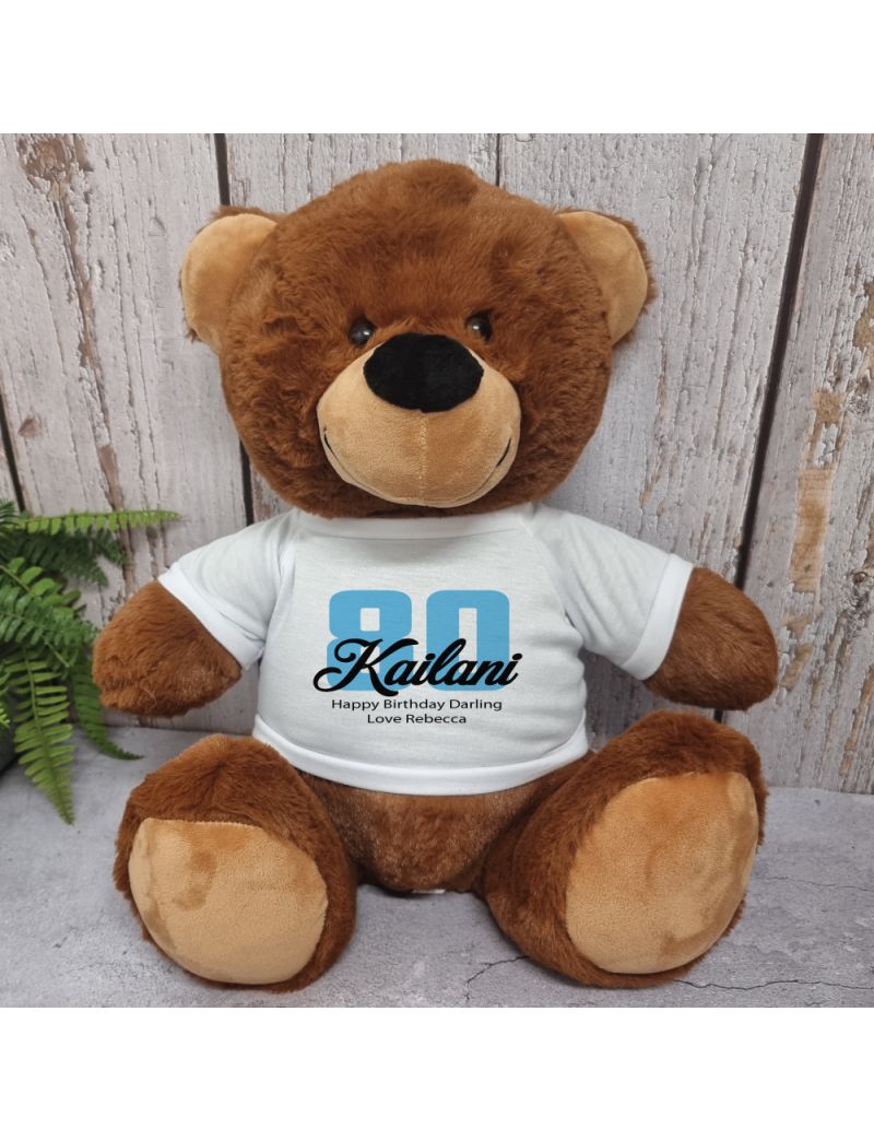 80th Birthday Personalised Bear with T-Shirt - Brown 40cm