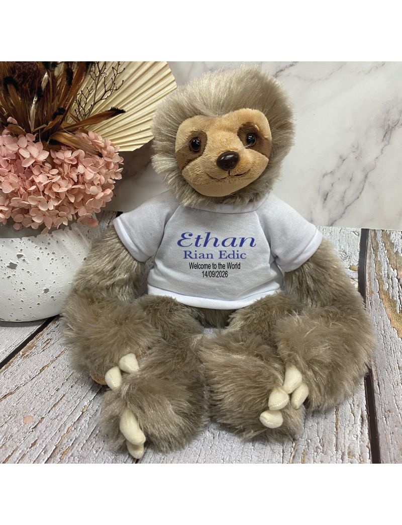 Newborn Baby Sloth Plush with Personalised Shirt