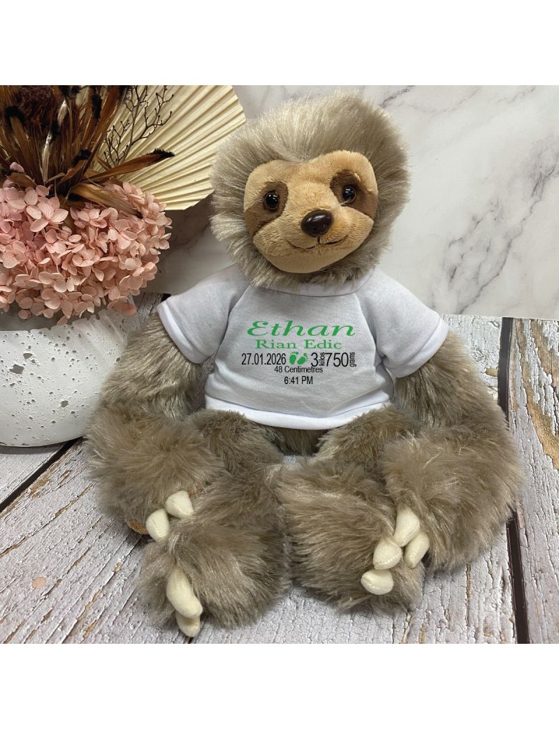 Birth Details Sloth Plush with Personalised Shirt
