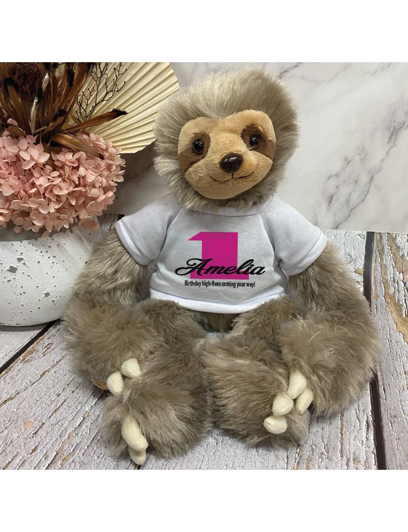 1st Birthday Sloth Plush with Personalised Shirt