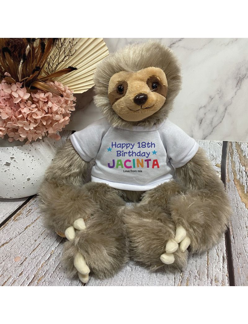 18th Birthday Sloth Plush with Rainbow Print