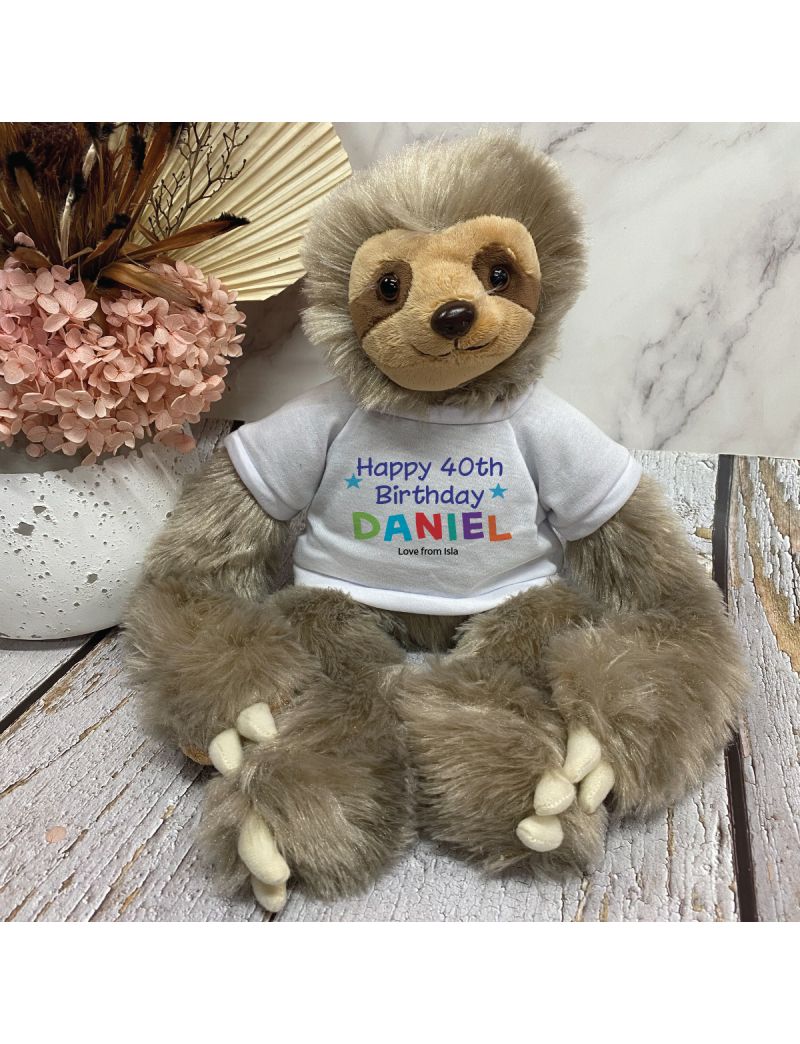 40th Birthday Sloth Plush with Rainbow Print