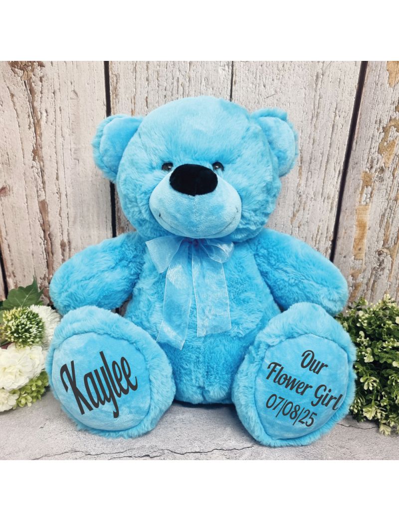 Flower Girl Personalised Teddy Bear 40cm Plush Bright Blue