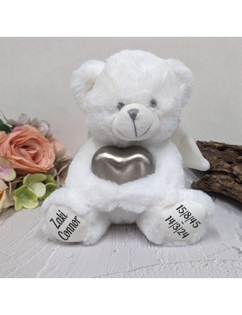 Angel Memorial Bear with Silver Heart Urn For Ashes