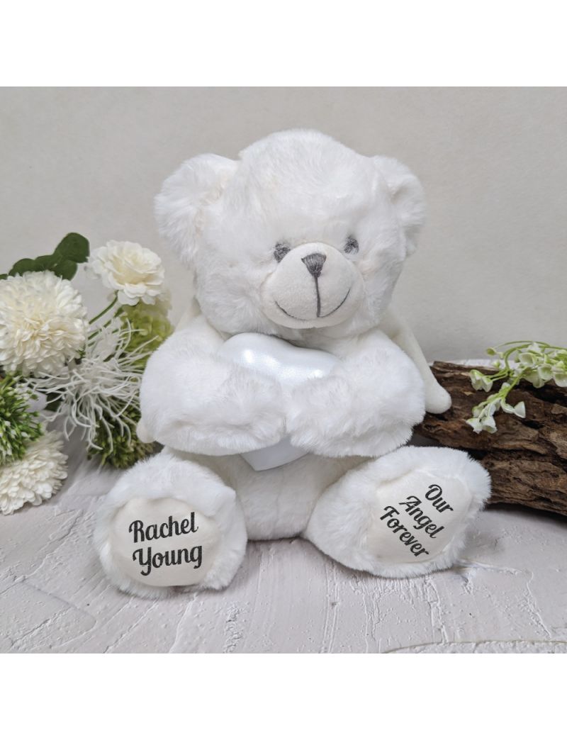 Angel Memorial Bear with White Heart Urn For Ashes