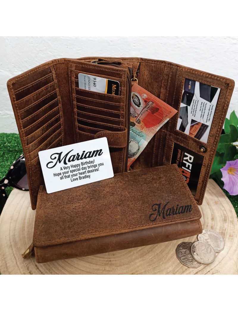 Personalised Brown Leather Purse RFID - Birthday