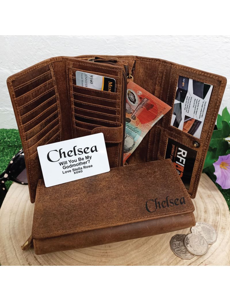 Personalised Godmother Brown Leather Purse RFID