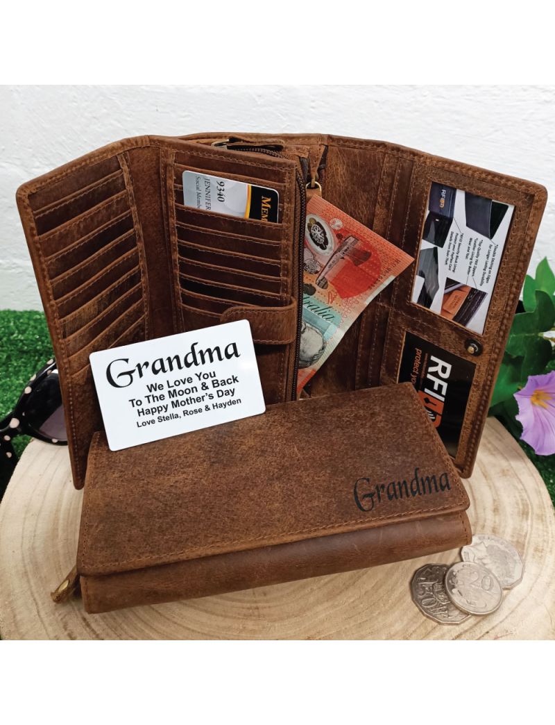 Personalised Brown Leather Purse RFID - Grandma