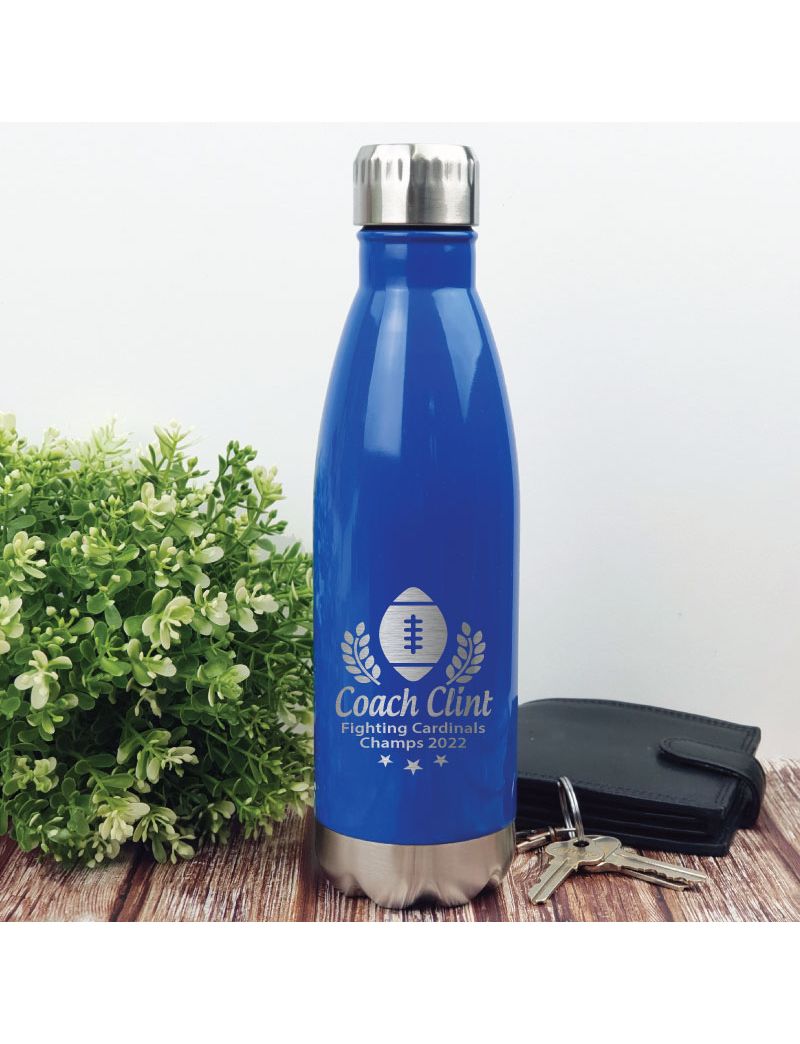 Football Coach Engraved Stainless Steel Drink Bottle - Blue