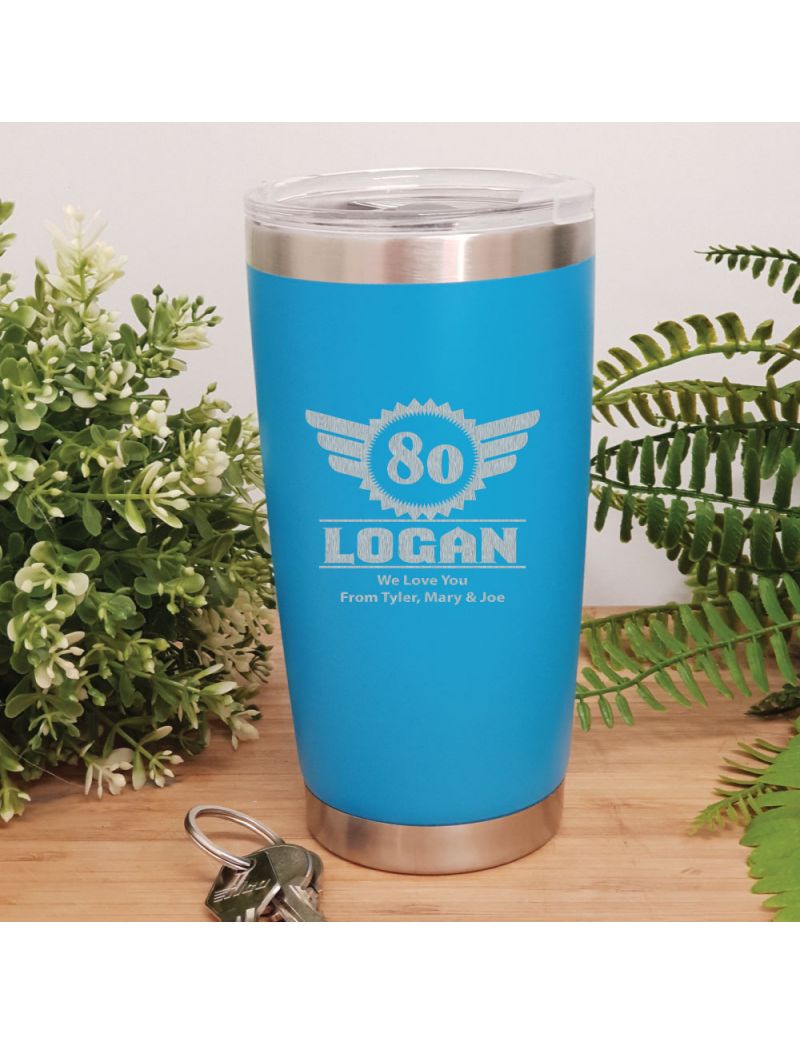 80th Insulated Travel Mug 600ml Light Blue (M)