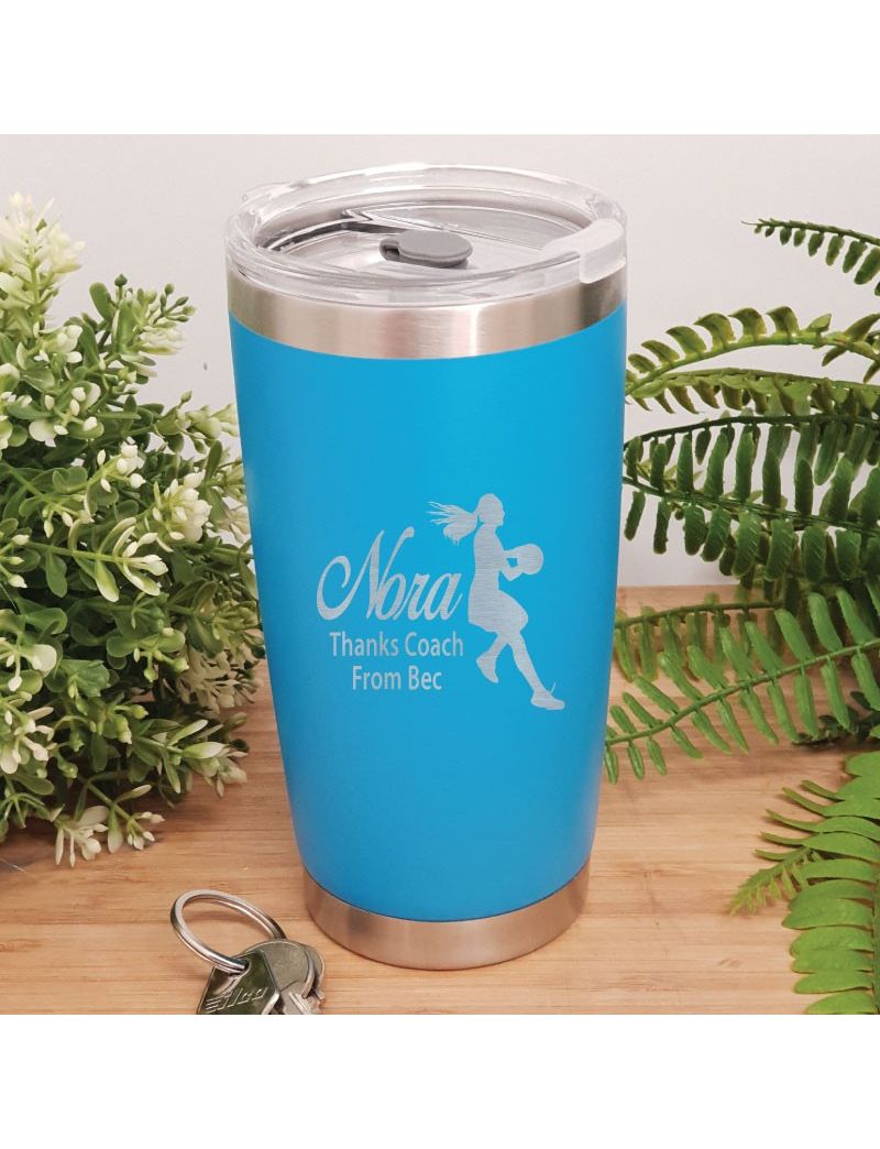 Netball  Coach Engraved Insulated Travel Mug 600ml Light Blue