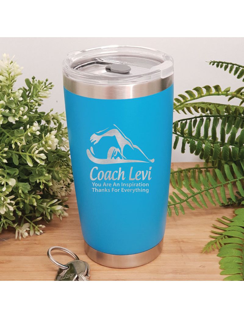 Swim Coach Engraved Insulated Travel Mug 600ml Light Blue