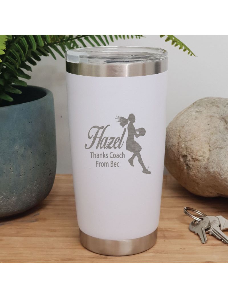 Netball  Coach Engraved Insulated Travel Mug 600ml White