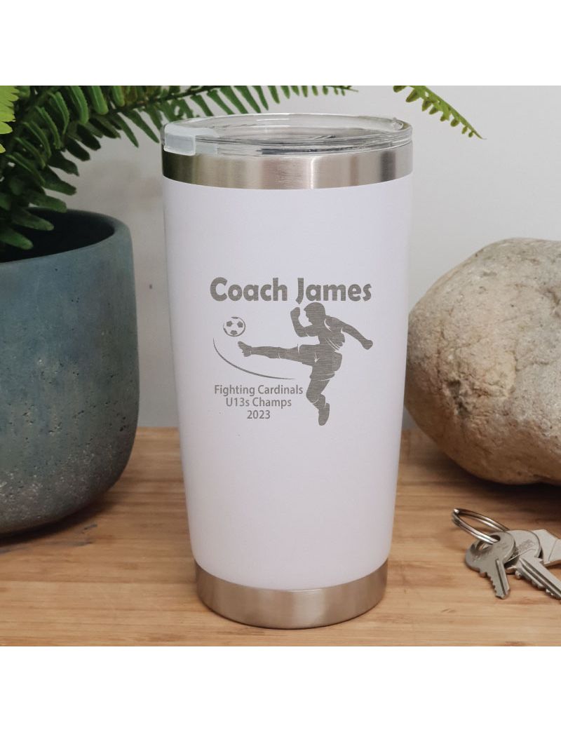 Soccer Coach Engraved Insulated Travel Mug 600ml White