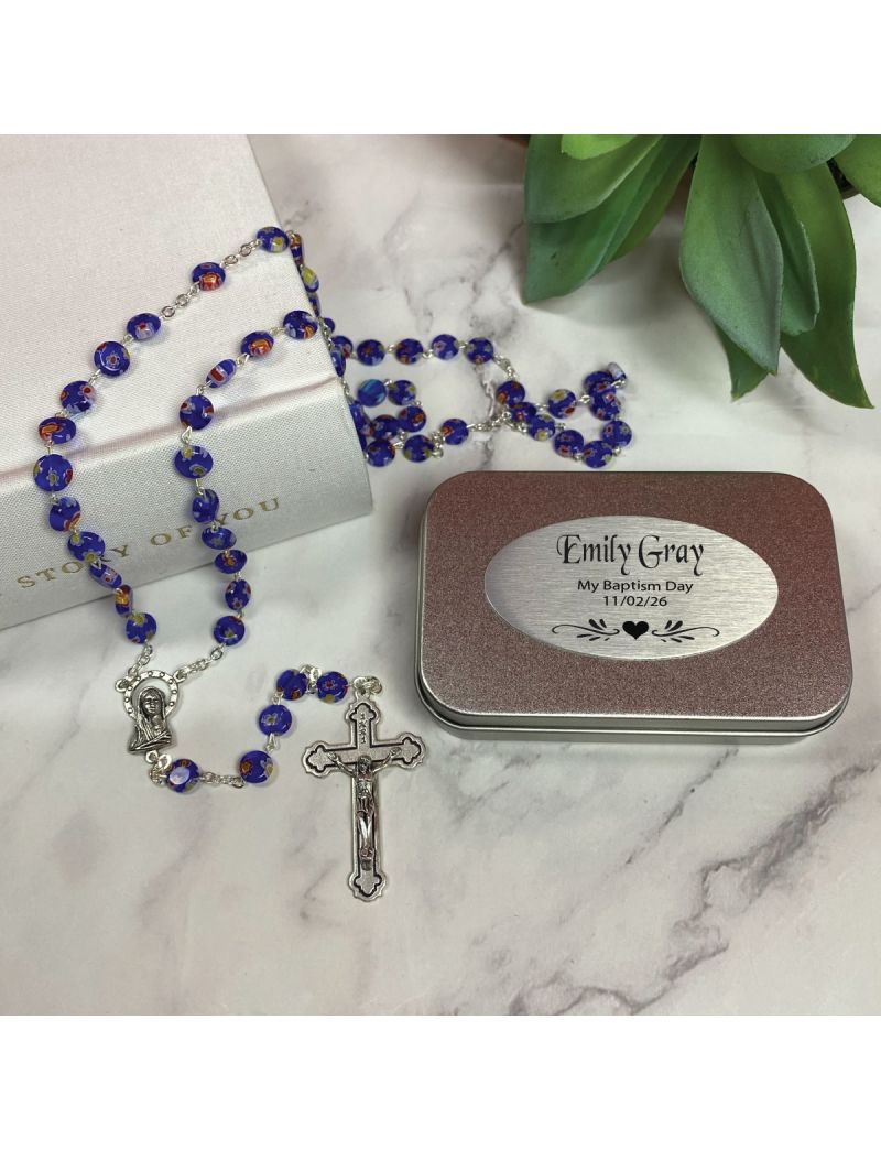 Baptism Blue Murano Rosary Beads Personalised Tin