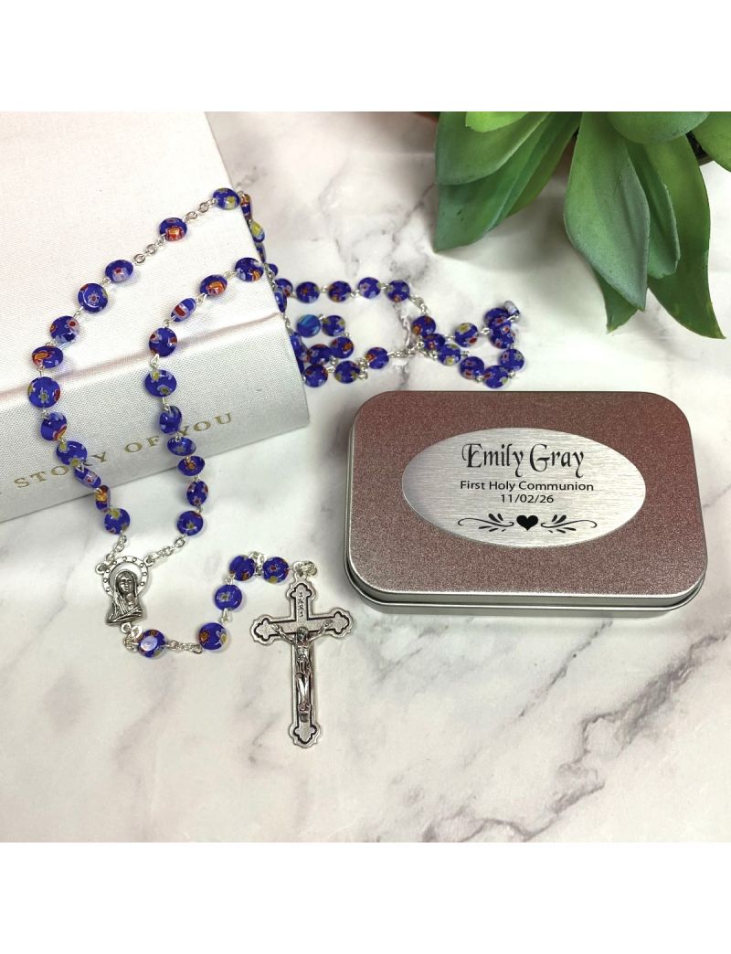Communion Blue Murano Rosary Beads Personalised Tin