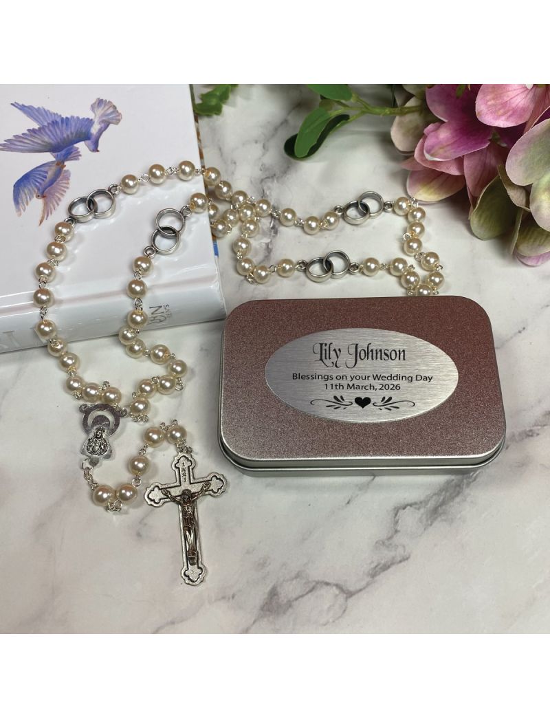 Pearl Rosary Beads Personalised Tin