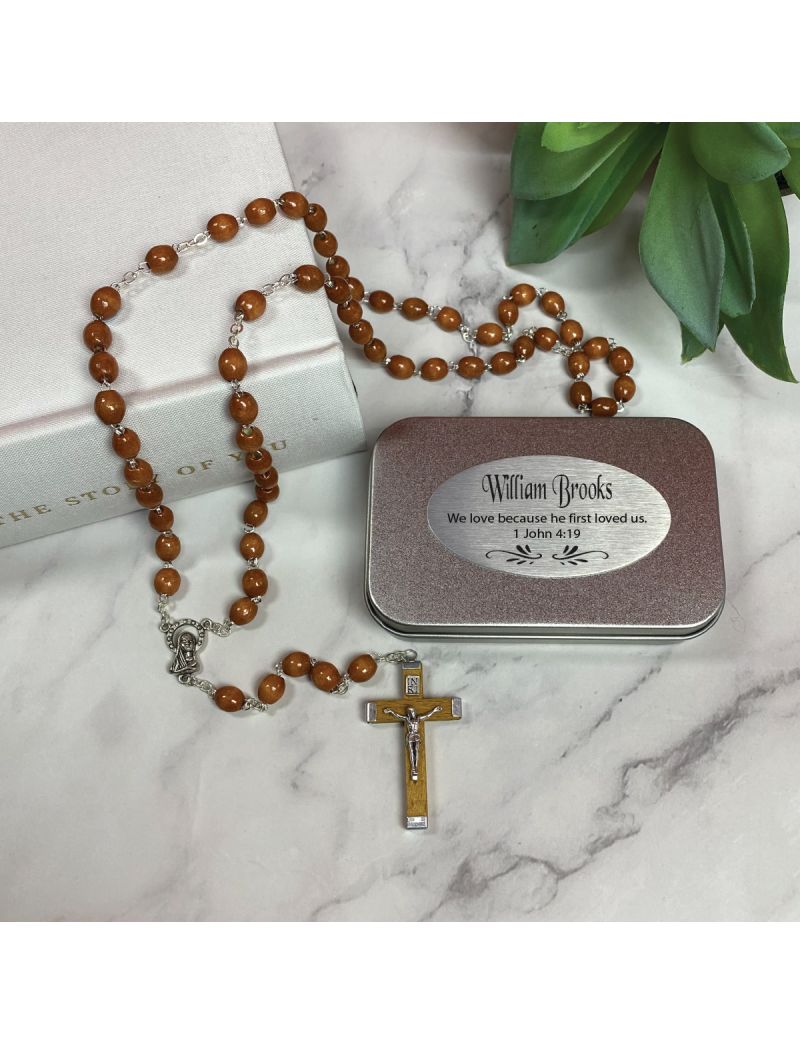 Wooden Rosary Beads Bridal Charm Personalised Tin