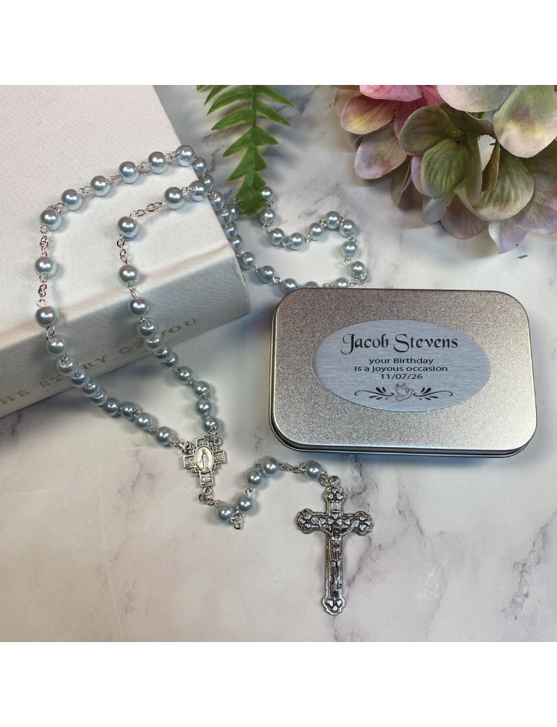 Blue Pearl Rosary Beads Personalised Tin