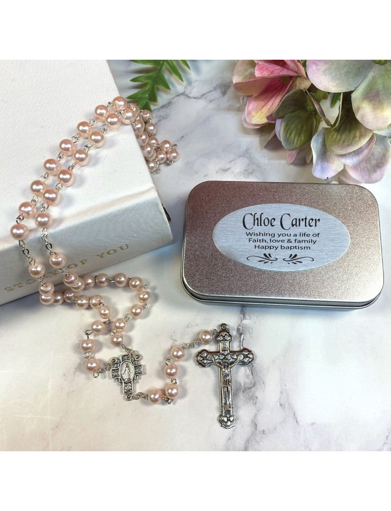Baptism Pink Pearl Rosary Beads Personalised Tin