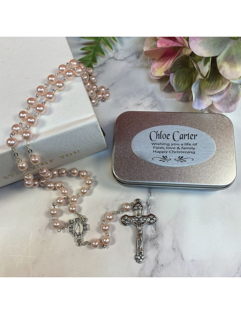 Christening Pink Pearl Rosary Beads Personalised Tin