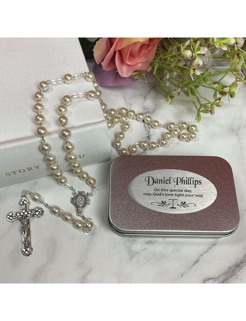 Pearl Rosary Beads Personalised Tin