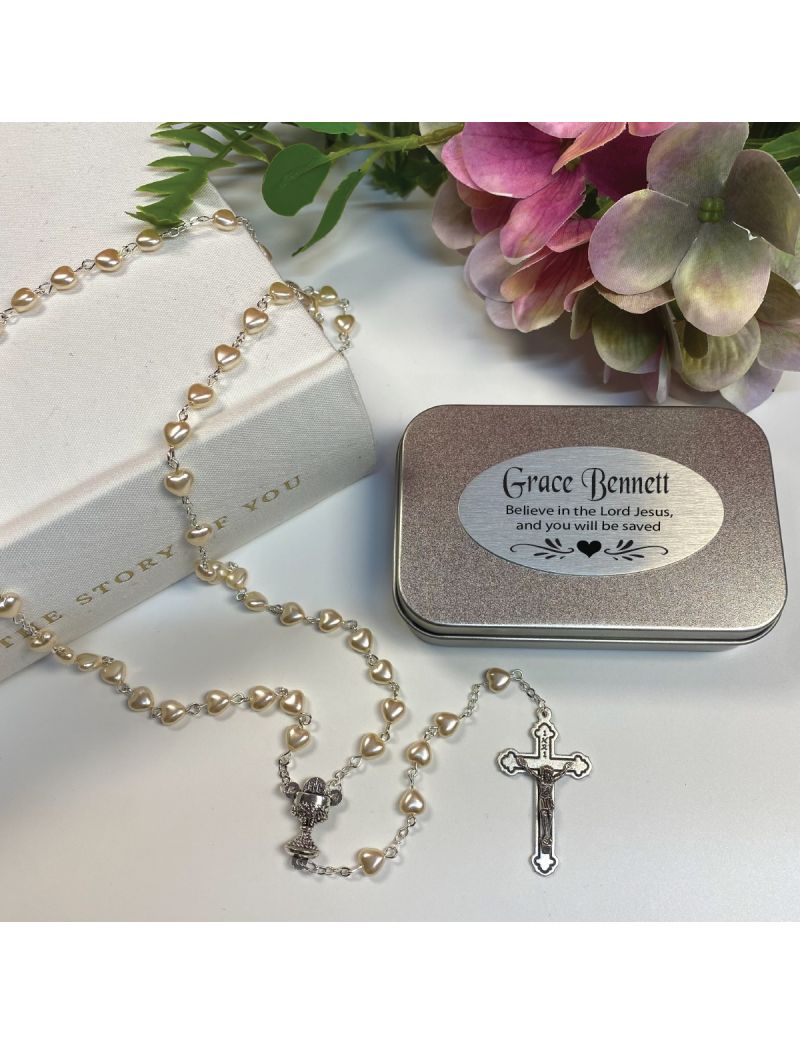 Heart Pearl Rosary Beads in Personalised Tin