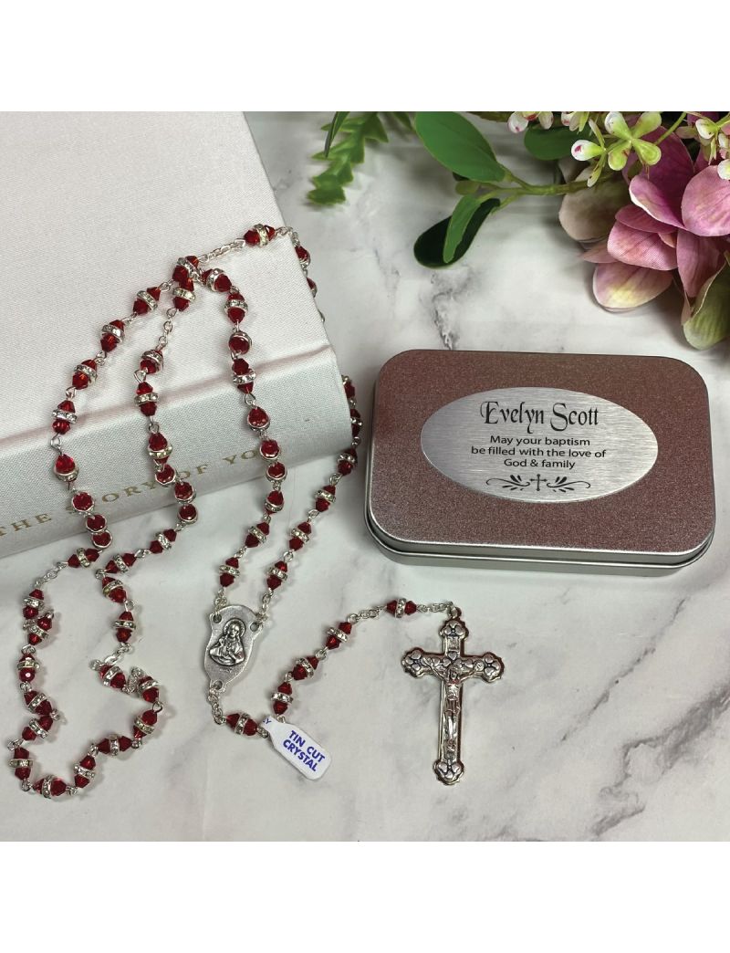 Baptism Red Diamante Rosary Beads Personalised Tin