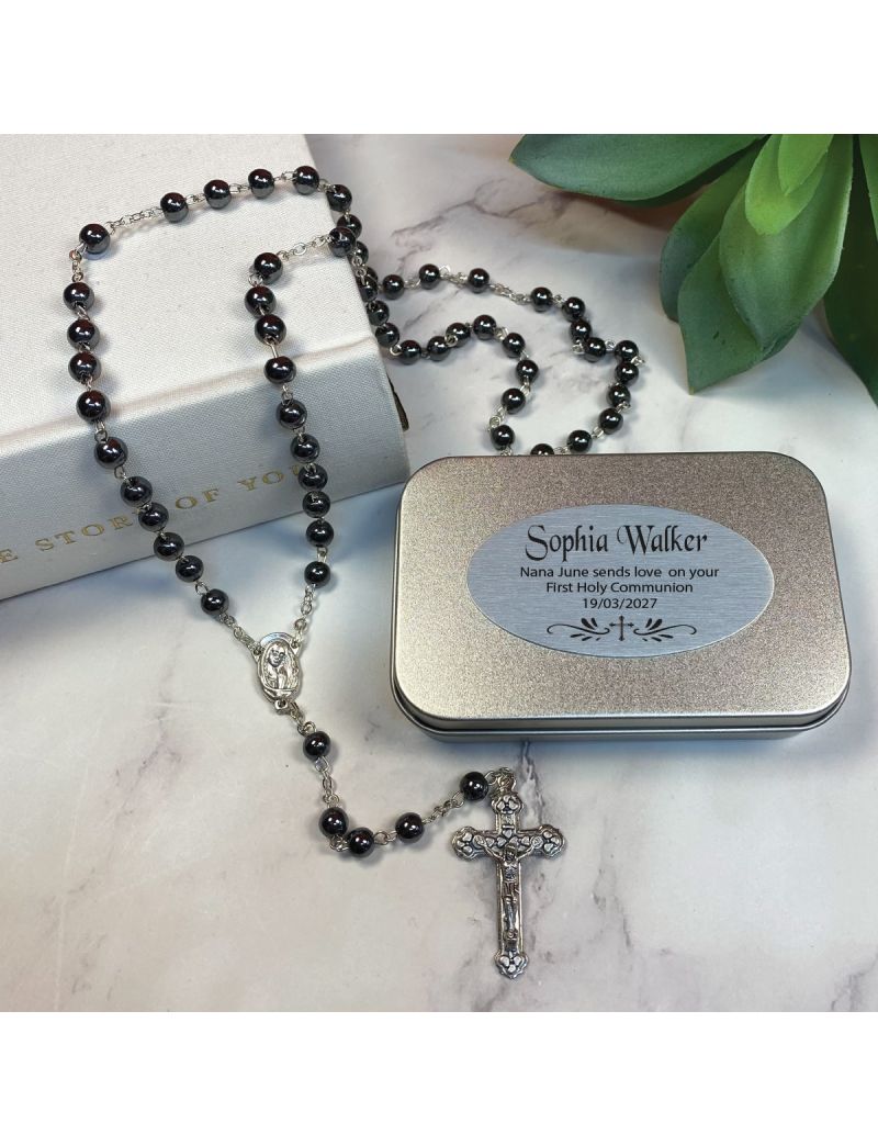Holy Communion Rosary Beads Hematite Personalised Tin