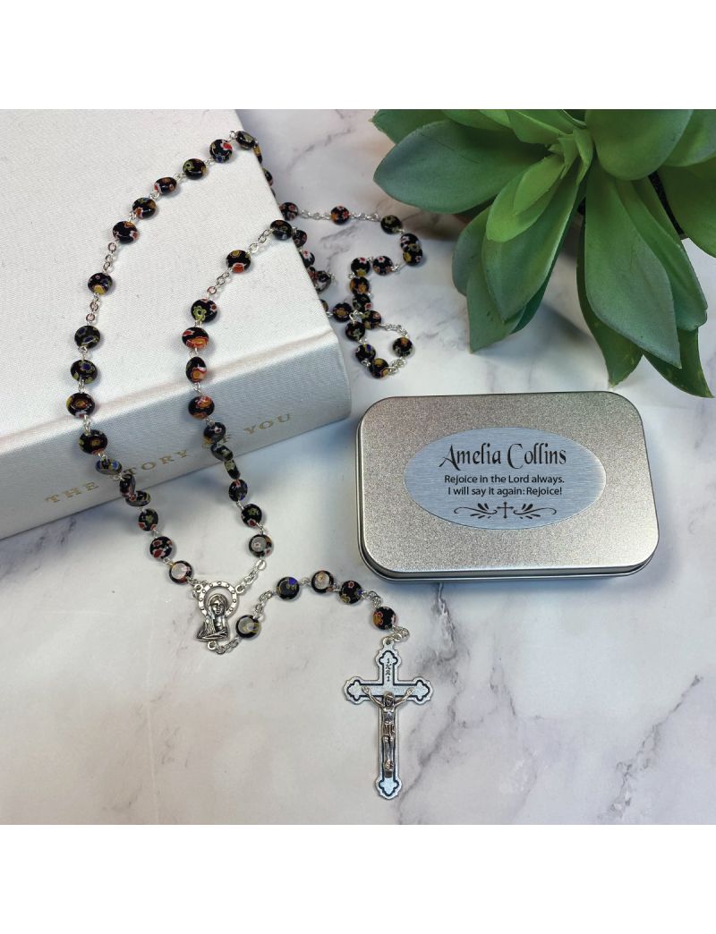 Black Murano Baptism Rosary Beads Personalised Tin