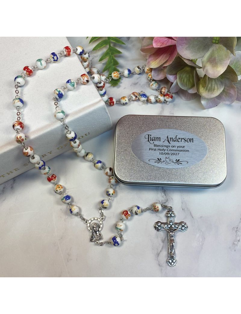 Holy Communion White Ceramic Rosary Beads Personalised Tin