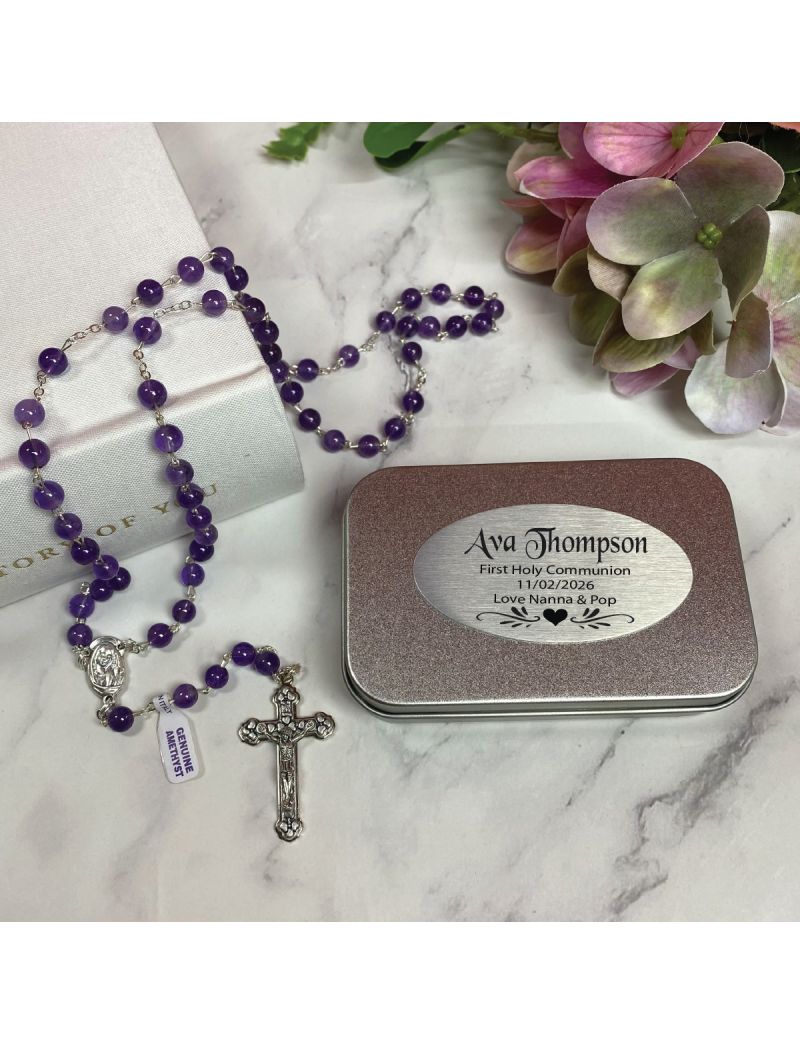 Communion Amethyst Rosary Beads Personalised Tin