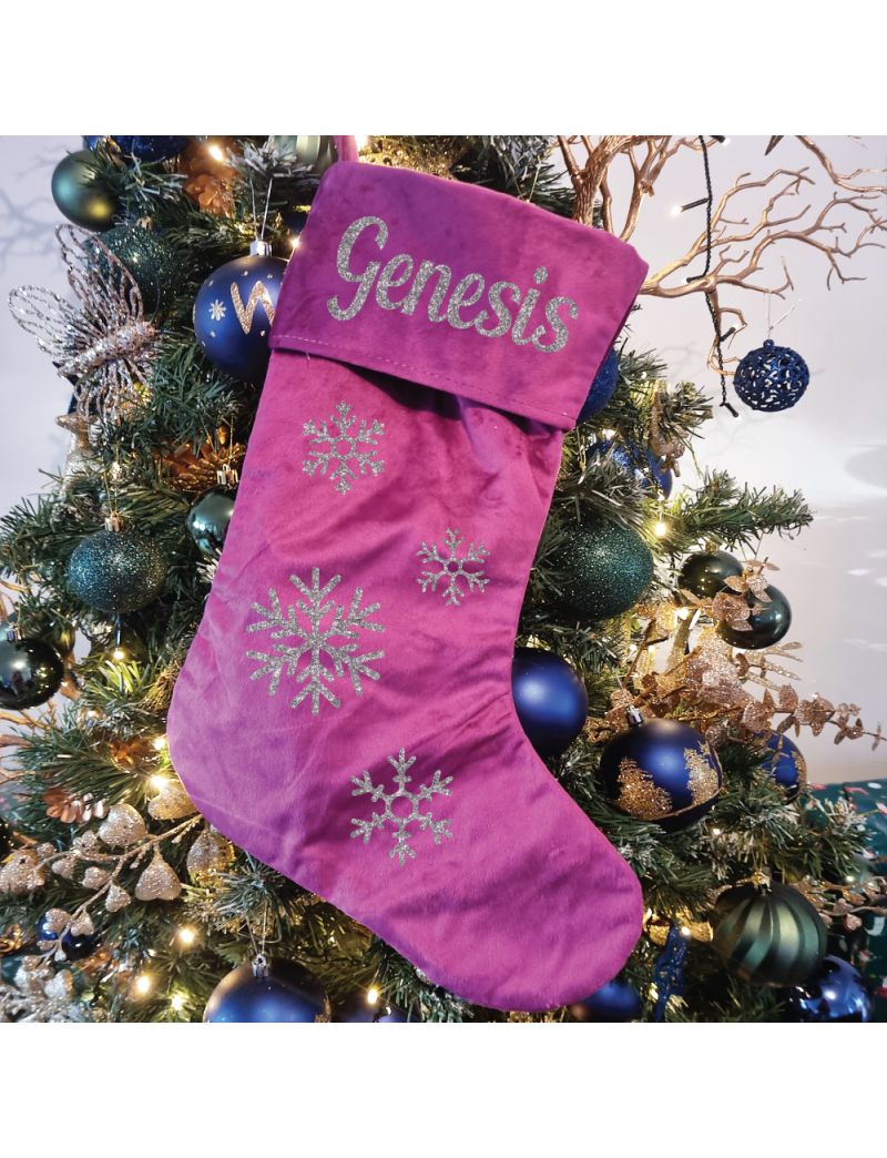 Personalsied Christmas Stocking Magenta Velvet Snowflake