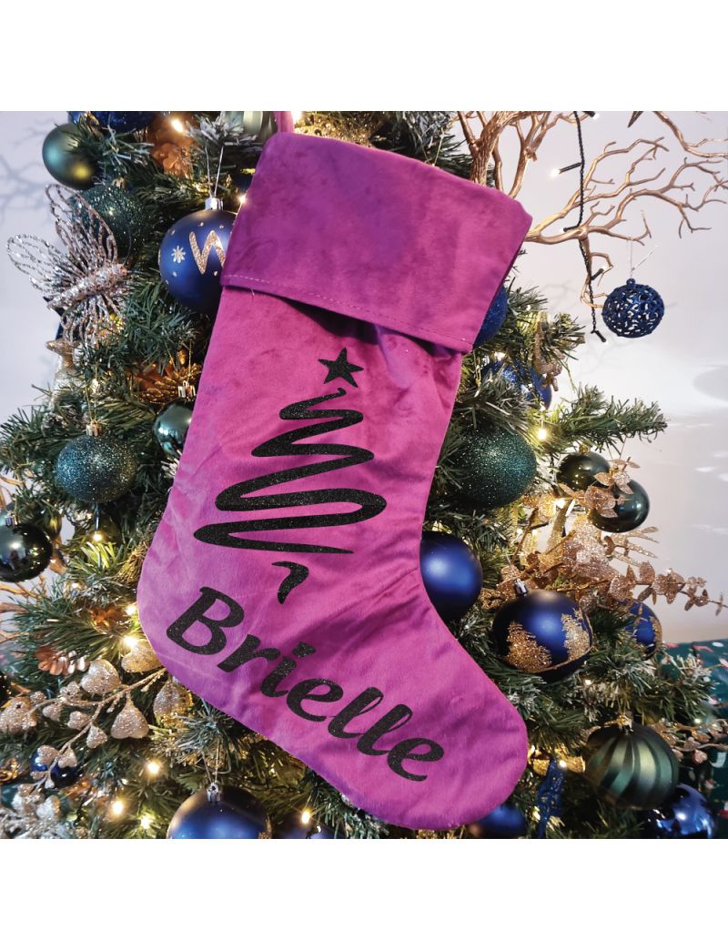 Personalsied Christmas Stocking Magenta Velvet Tree