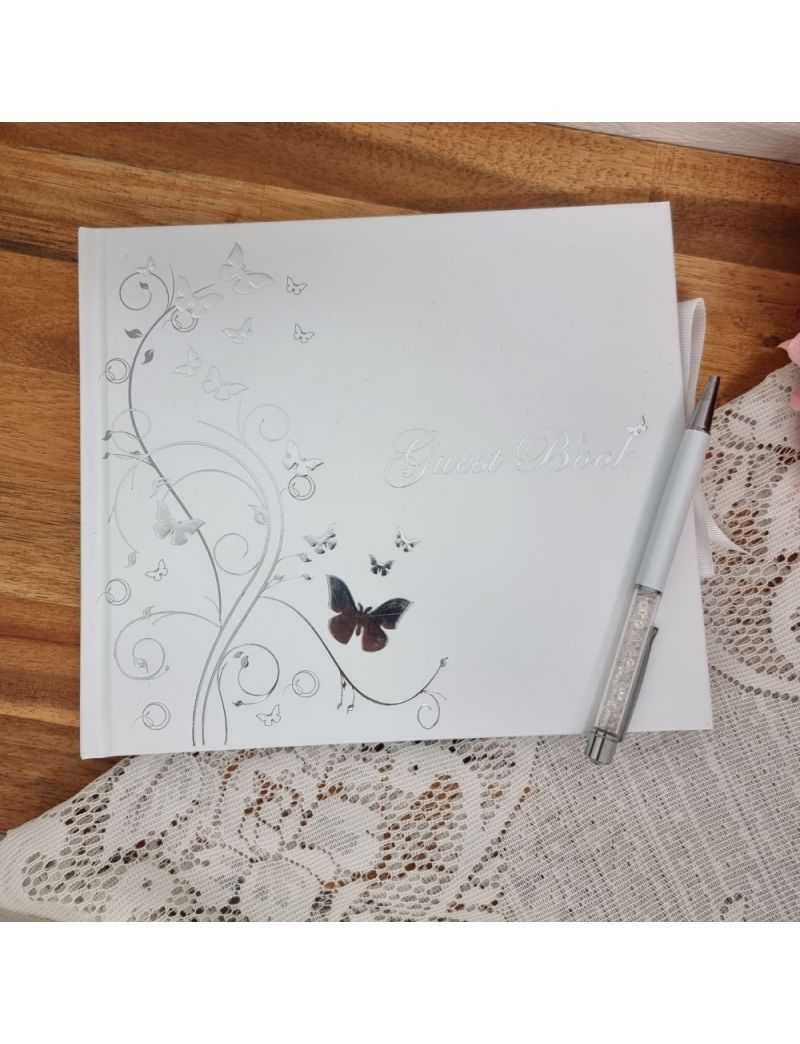  Guest Book White Silver Butterfly
