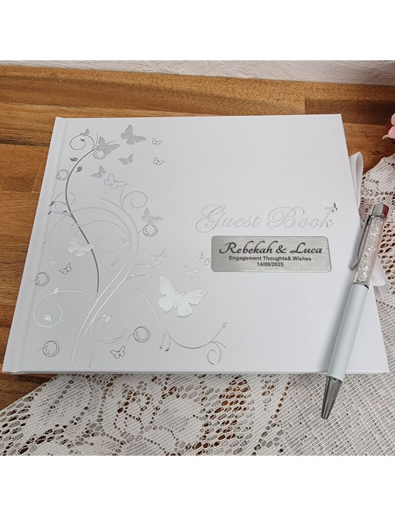 Engagement Personalised Guest Book White Silver Butterfly