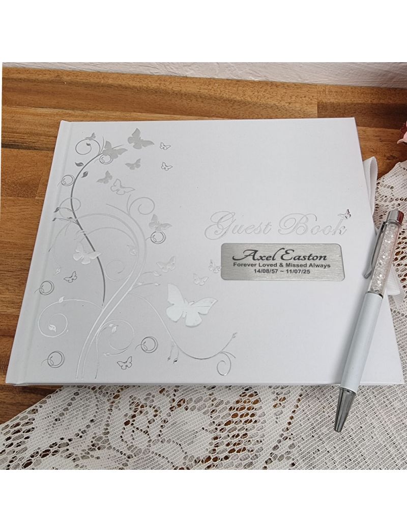 Funeral Guest Book White Silver Butterfly