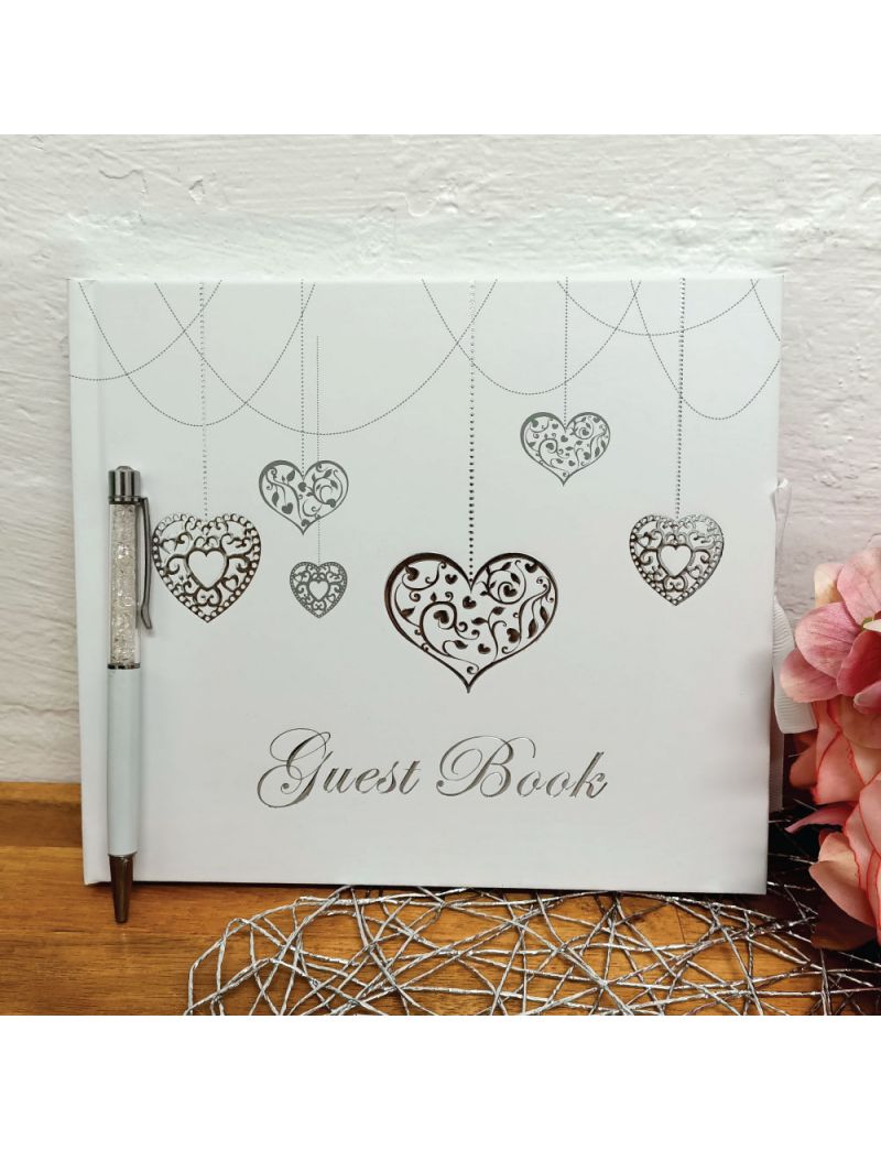  Guest Book White Silver Hearts