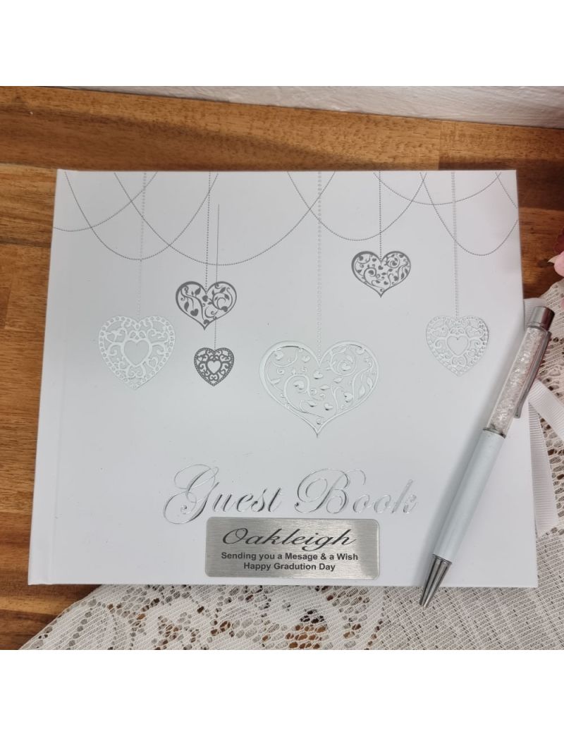 Funeral Guest Book White Silver Hearts