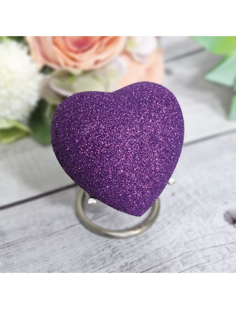 Purple Glitter Heart Urn For Ashes with Stand