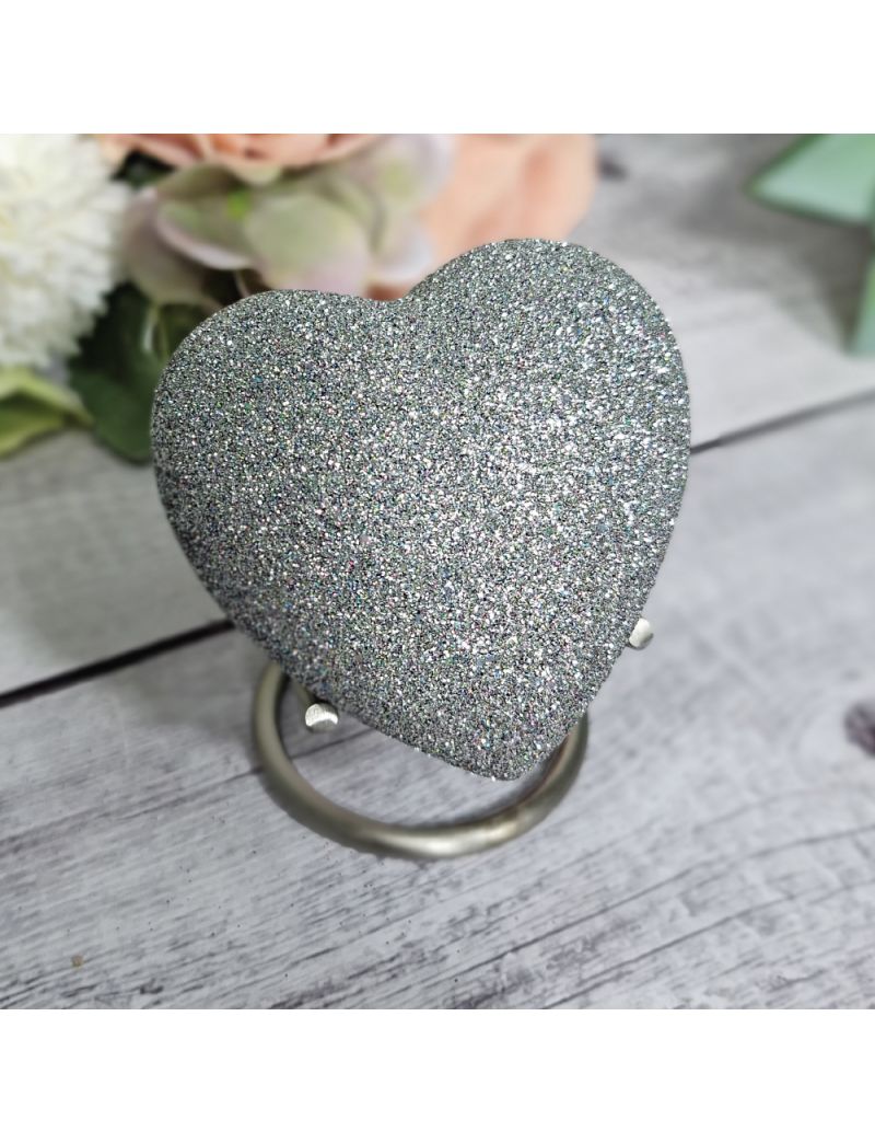 Silver Glitter Heart Urn For Ashes with Stand