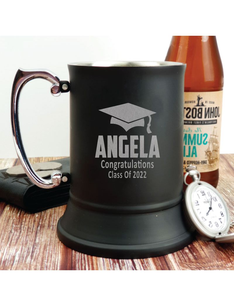 Graduation Engraved Black Beer Stein Mug