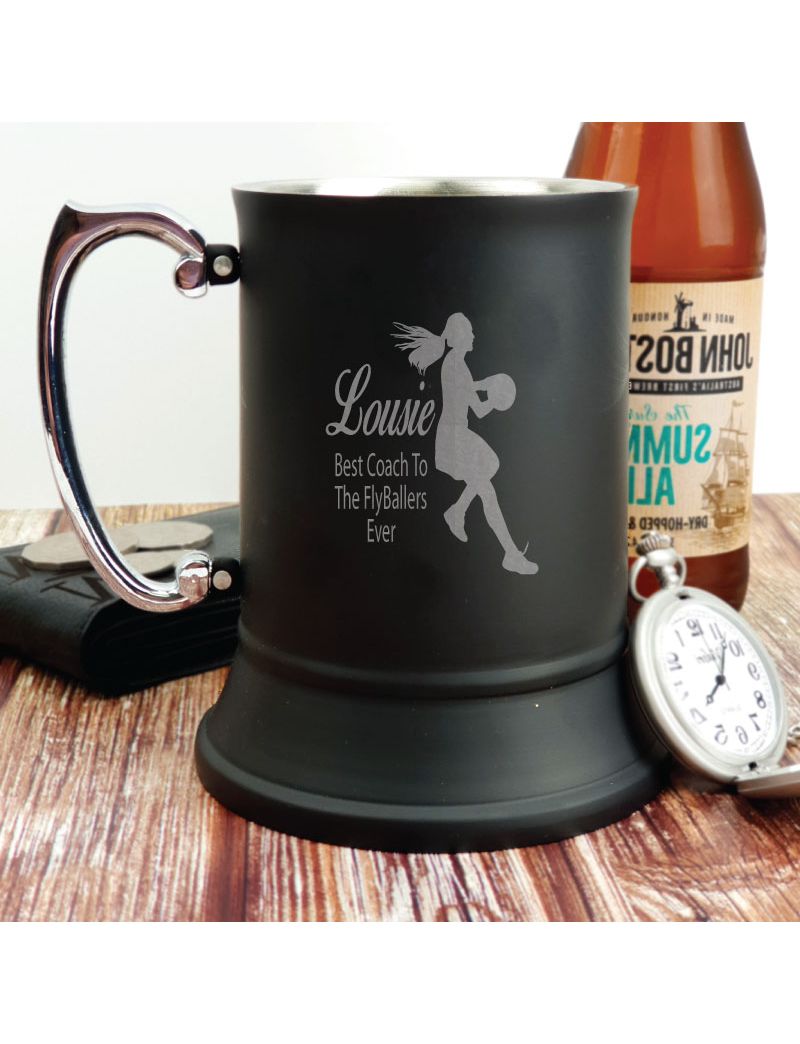 Netball Coach Engraved Personalised Black Beer Stein Mug