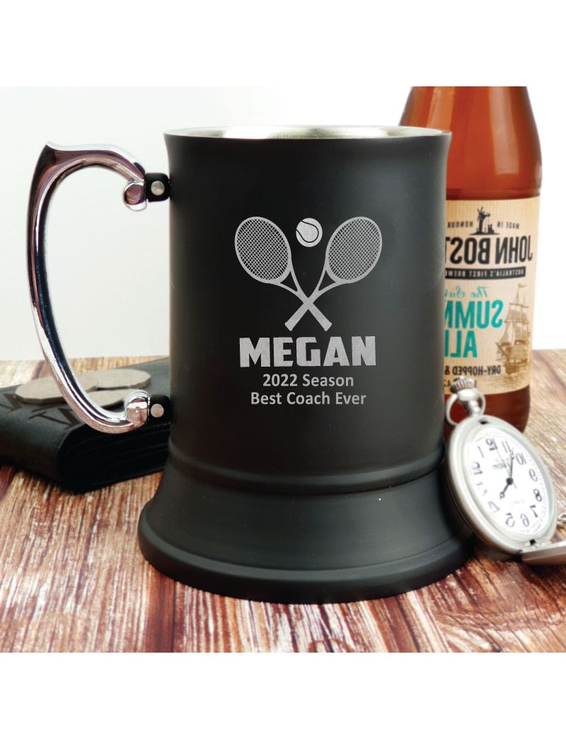 Tennis Coach Engraved Black Beer Stein Mug