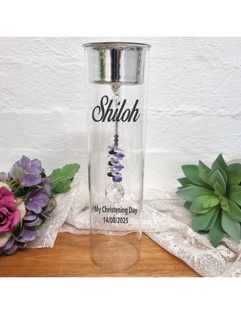 Christening Candle Holder with Purple Suncatcher