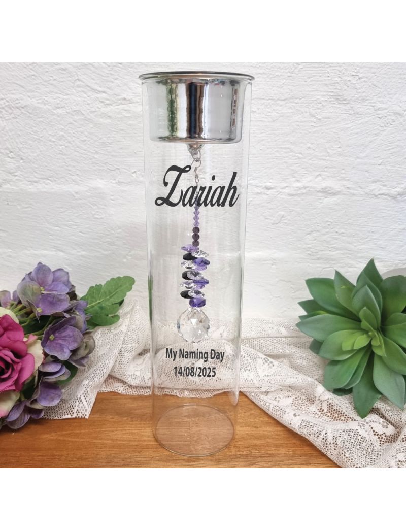 Naming Day Candle Holder with Purple Suncatcher