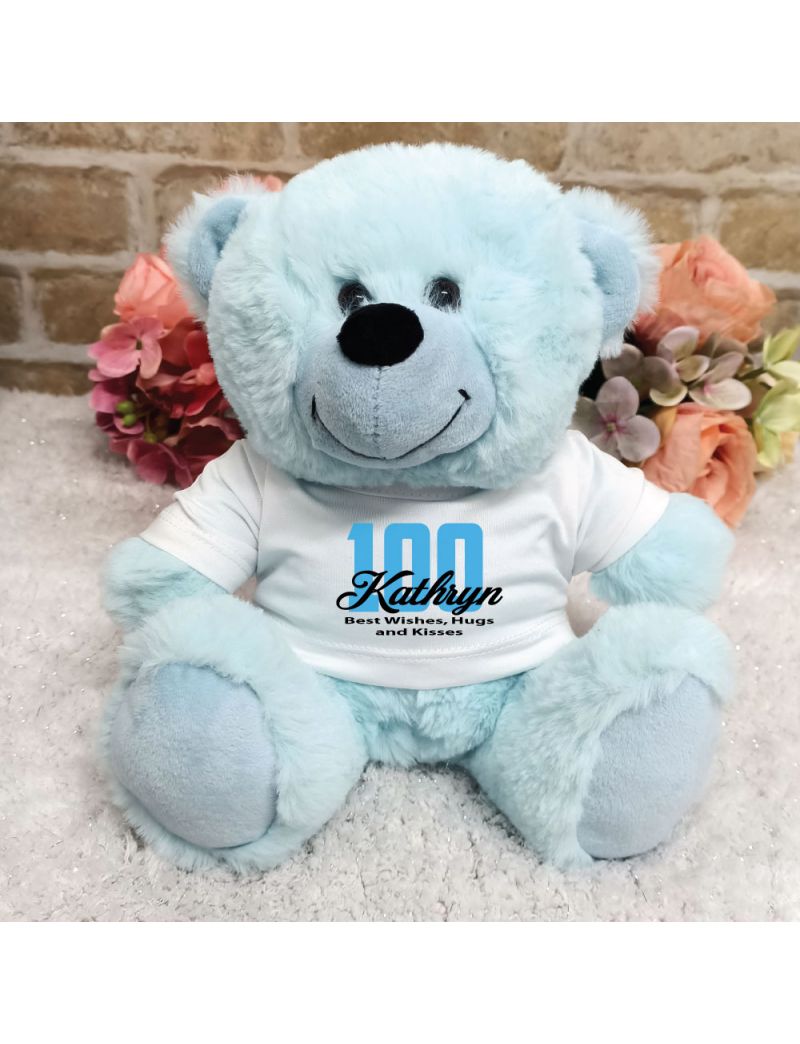 Personalised 100th Birthday Teddy Bear Light Blue