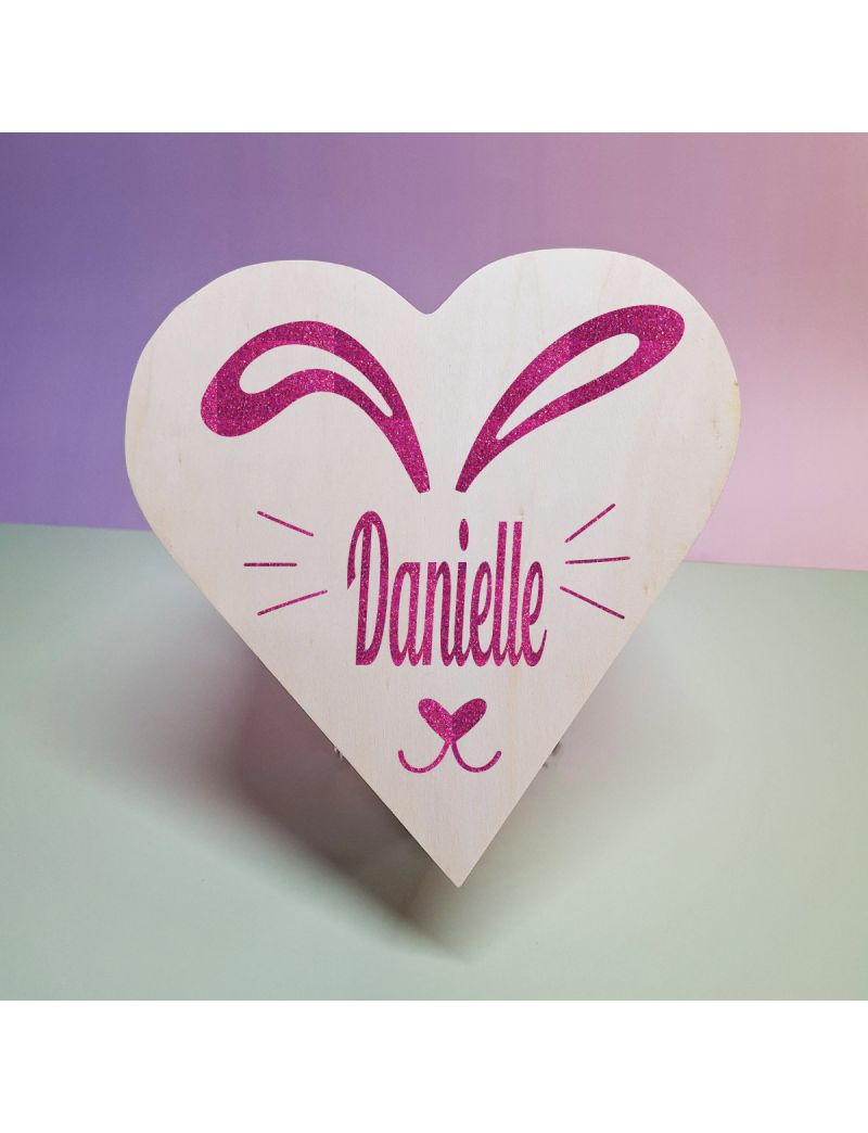 Wooden Easter Heart Box - Glitter Bunny