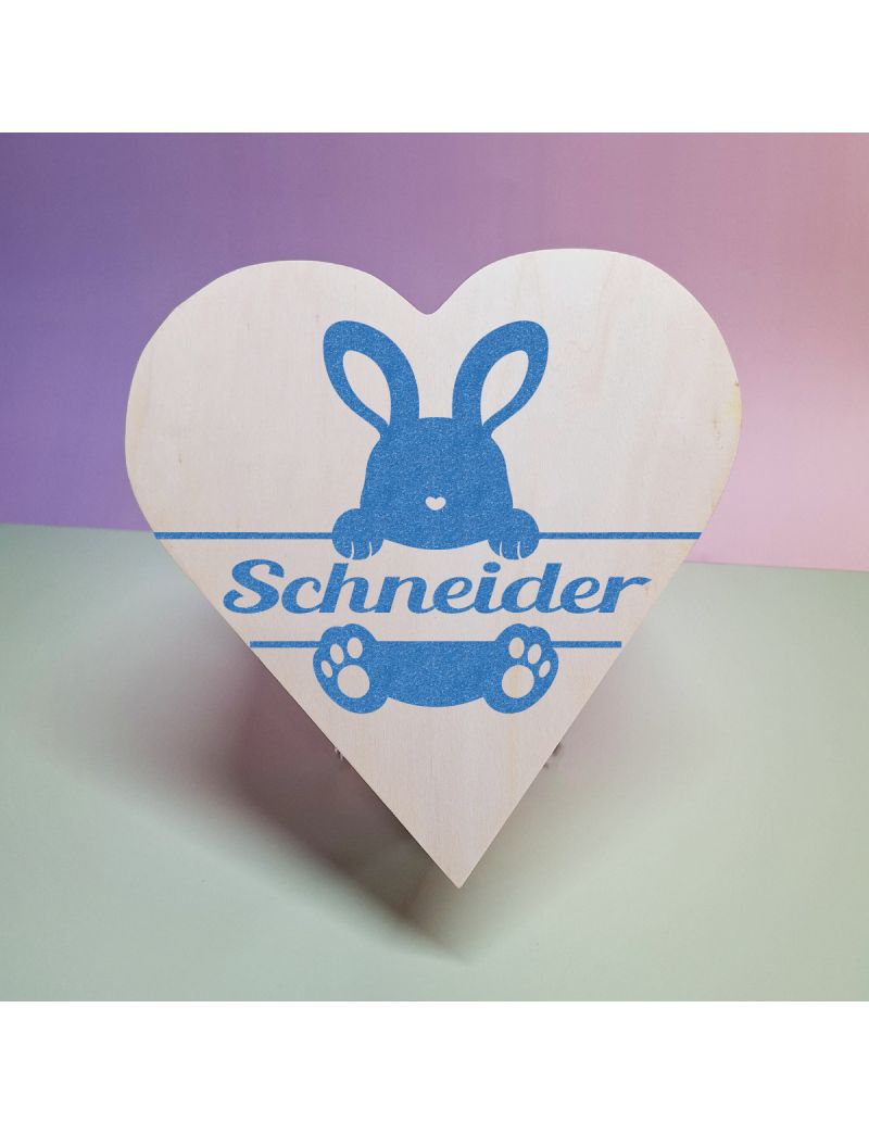 Wooden Easter Heart Box - Glitter Rabbit